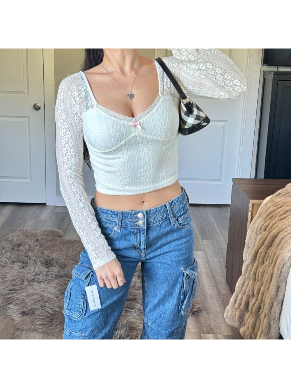 NWT Aeropostale Lace Crop Top Womens S Coquette White Pink Bow Soft Girl Y2K